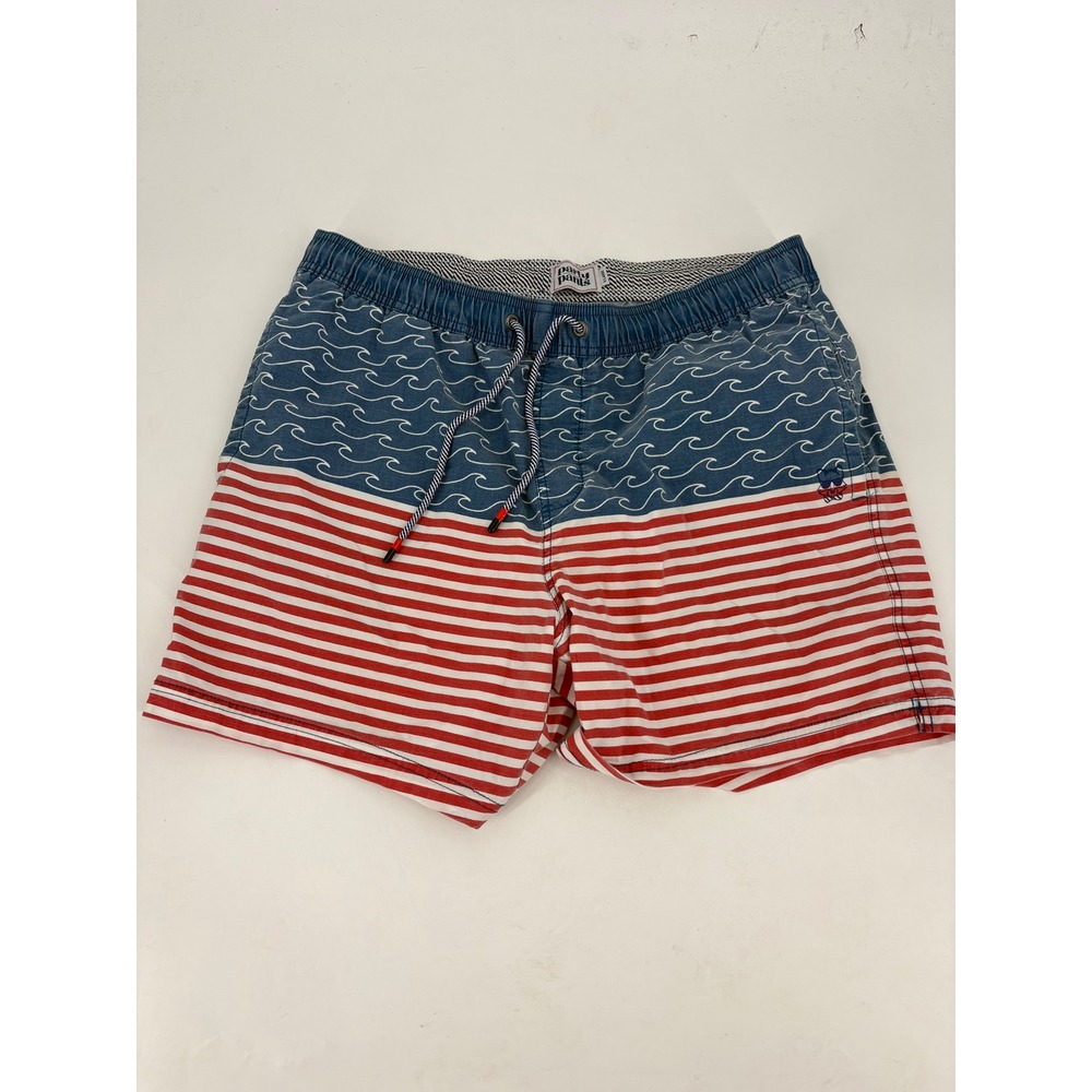 Party Pants Mens Swim Trunks XL Red White Blue Waves Stripes Patriotic Shorts